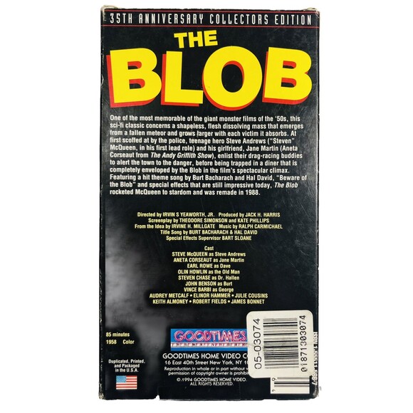 The BLOB w/Steve McQueen VHS,1994 35th Anniversary Issue EUC - Picture 2 of 3